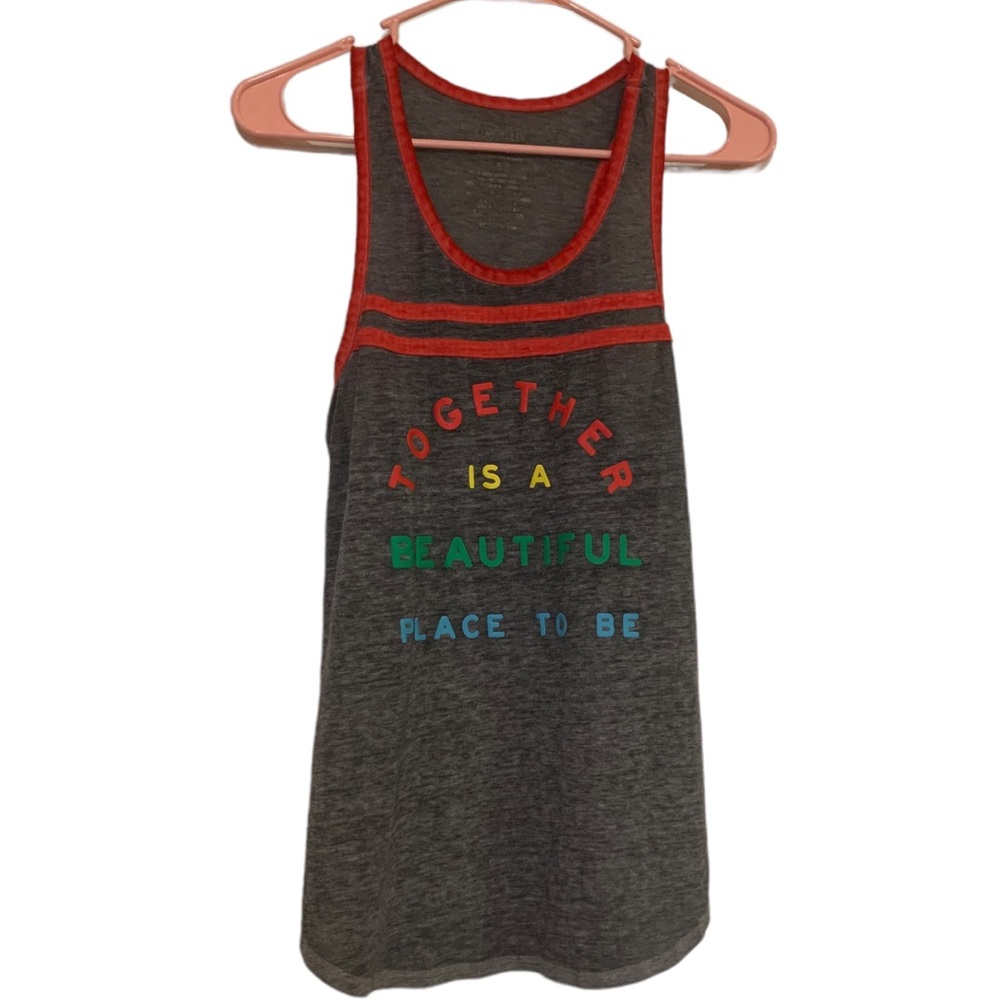 🍄 Zoe + Liv Washed Out Gray Grey Graphic Tank Text Size Small Happy Good Vibes